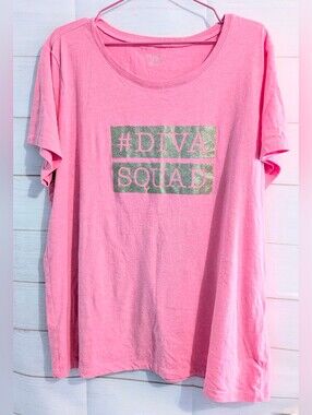 Place Barbie Pink Crewneck Tee Gold Sparkle #DIVA SQUAD Logo Size XXL